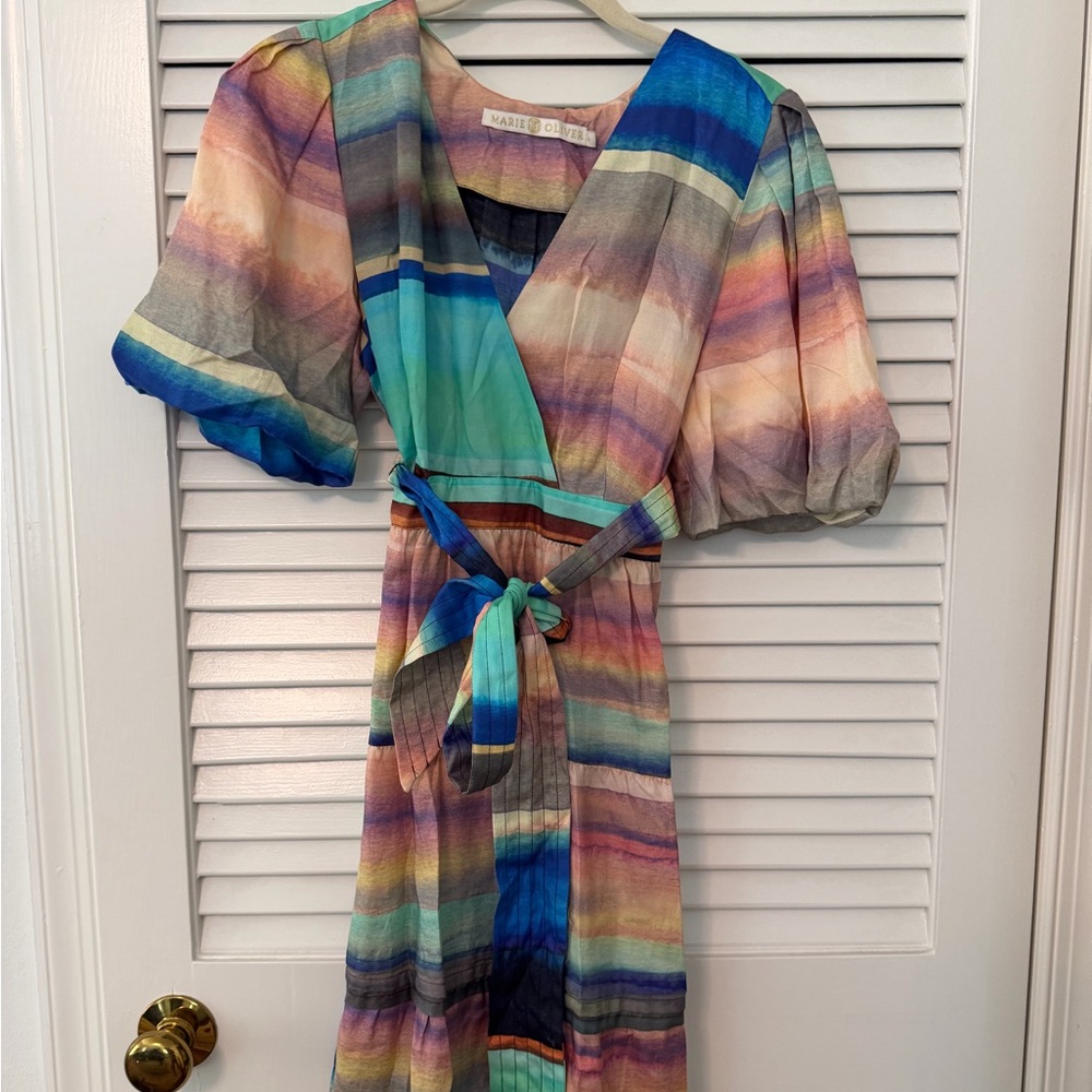 Marie Oliver Pastel Rainbow Striped Dress with Blue Accents